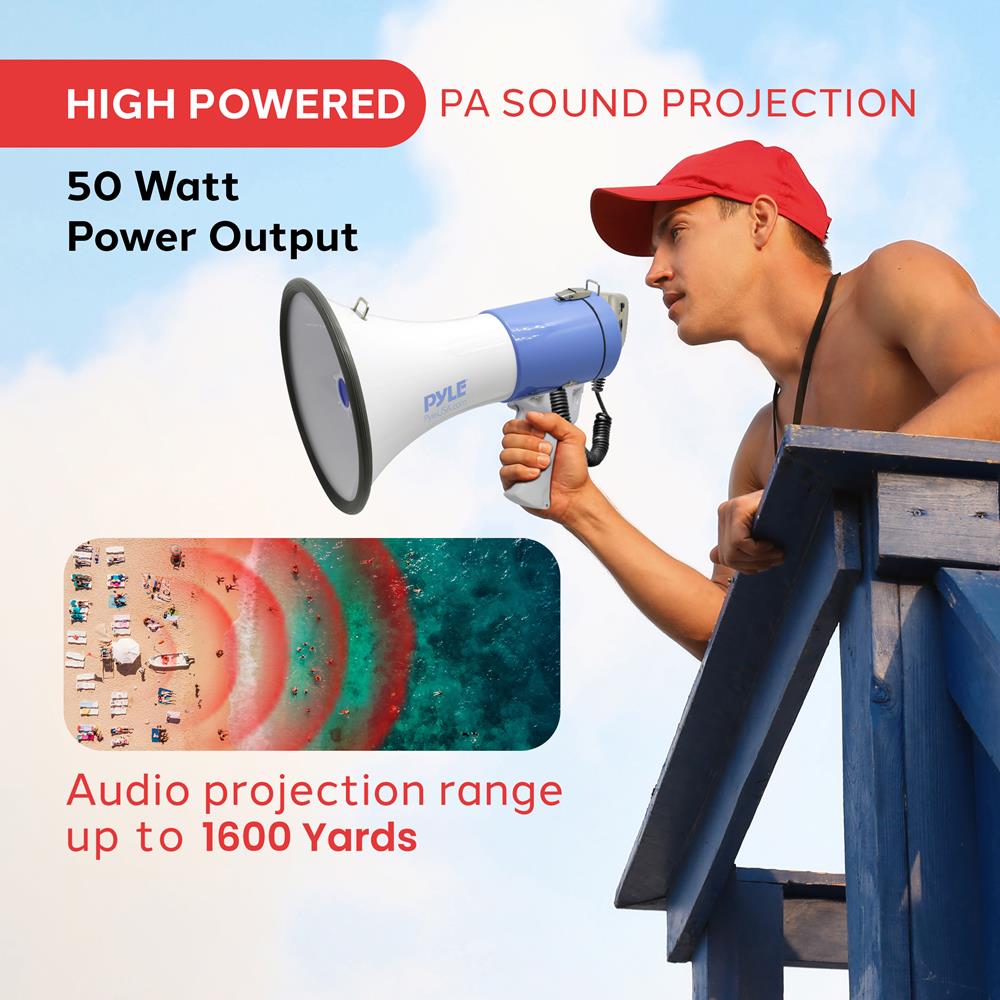 Pyle 50W Megaphone Bullhorn Speaker with Built-in Siren, Rechargeable Battery, 10-Second Record Function, Loud & Clear Sound for Sports Fans, Coaches, Cheerleading, or Safety Drills (PMP59IR)
