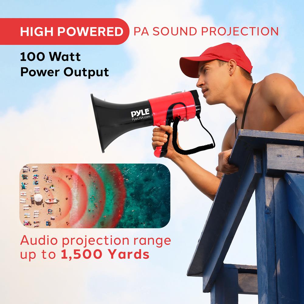 Pyle Portable Megaphone Bullhorn - Bluetooth Compatible PA Speaker with Built-in Voice Changer, 1500 Yard Range, Siren, 100W Adjustable Vol Control, Loudspeaker for Outdoor Sports & Safety Drills