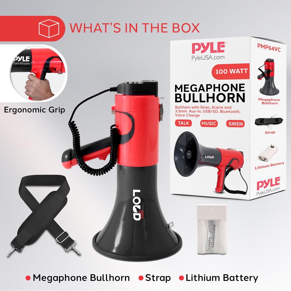 Pyle Portable Megaphone Bullhorn - Bluetooth Compatible PA Speaker with Built-in Voice Changer, 1500 Yard Range, Siren, 100W Adjustable Vol Control, Loudspeaker for Outdoor Sports & Safety Drills