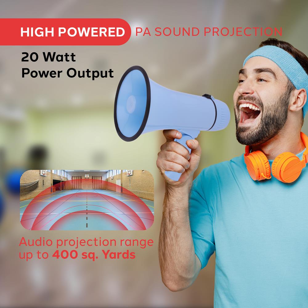 Pyle 20W Megaphone Bullhorn - Portable, Automatic Siren & Adjustable Volume,Projection Range Up to 400 Square Yards, Aux Input, Talk, Siren, Music, Whistle, & Record, Shoulder Strap (Blue)