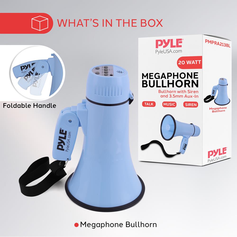 Pyle 20W Megaphone Bullhorn - Portable, Automatic Siren & Adjustable Volume,Projection Range Up to 400 Square Yards, Aux Input, Talk, Siren, Music, Whistle, & Record, Shoulder Strap (Blue)