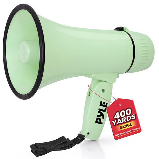 Pyle 20W Megaphone Bullhorn - Portable, Automatic Siren & Adjustable Volume,Projection Range Up to 400 Square Yards, Aux Input, Talk, Siren, Music, Whistle, & Record, Shoulder Strap (Green)