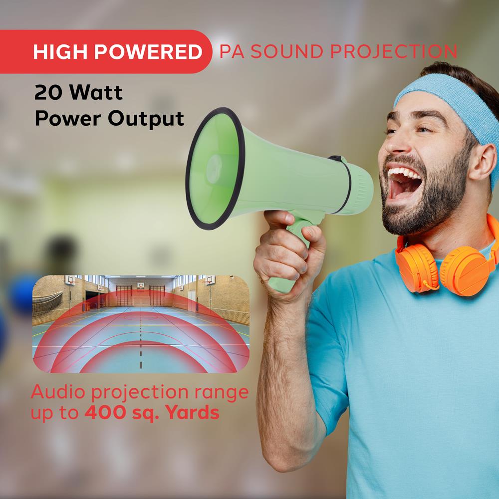 Pyle 20W Megaphone Bullhorn - Portable, Automatic Siren & Adjustable Volume,Projection Range Up to 400 Square Yards, Aux Input, Talk, Siren, Music, Whistle, & Record, Shoulder Strap (Green)