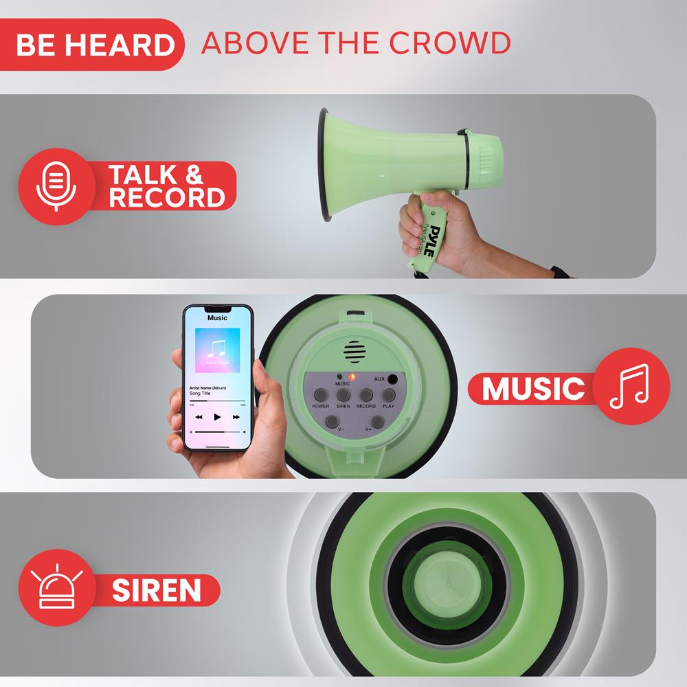 Pyle 20W Megaphone Bullhorn - Portable, Automatic Siren & Adjustable Volume,Projection Range Up to 400 Square Yards, Aux Input, Talk, Siren, Music, Whistle, & Record, Shoulder Strap (Green)