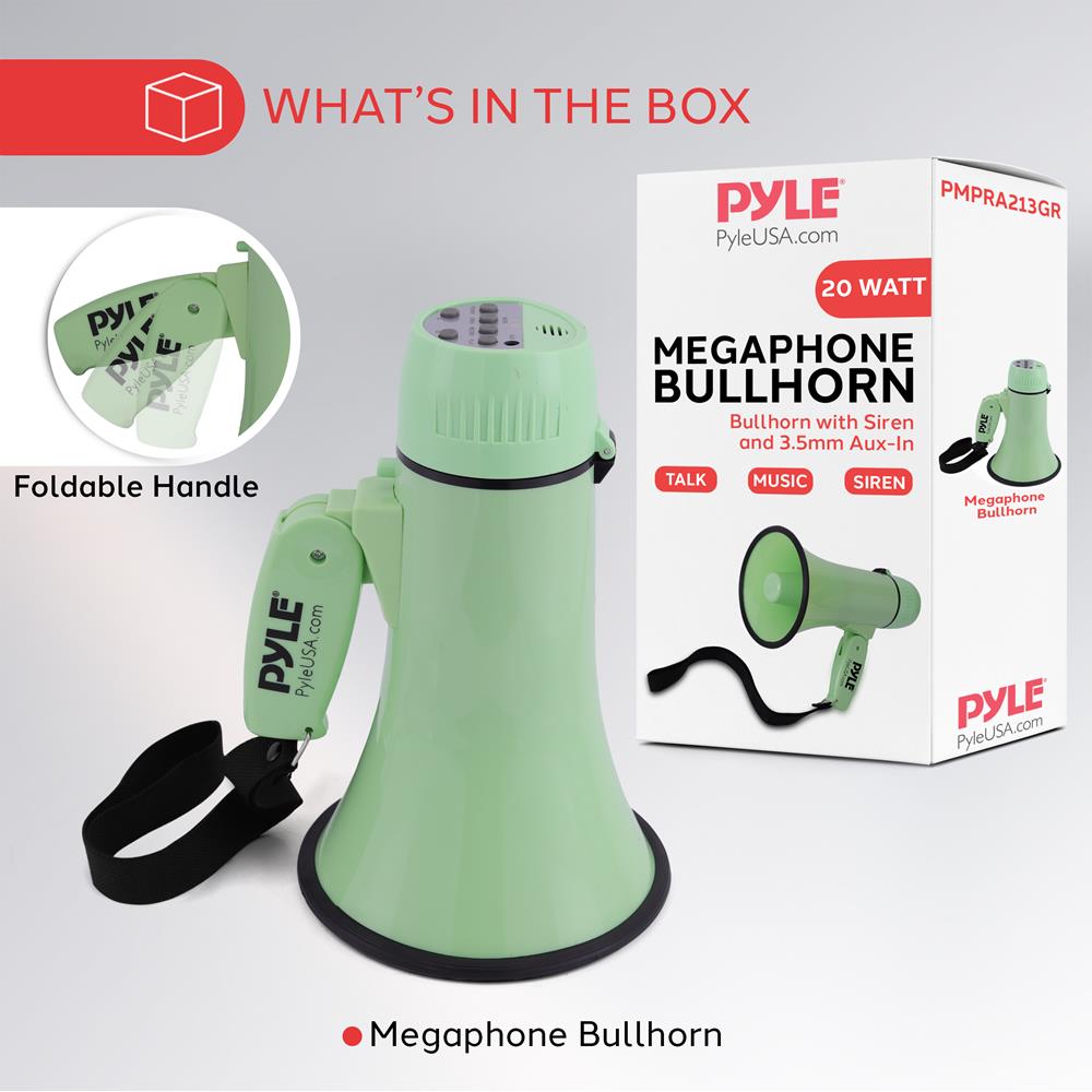 Pyle 20W Megaphone Bullhorn - Portable, Automatic Siren & Adjustable Volume,Projection Range Up to 400 Square Yards, Aux Input, Talk, Siren, Music, Whistle, & Record, Shoulder Strap (Green)