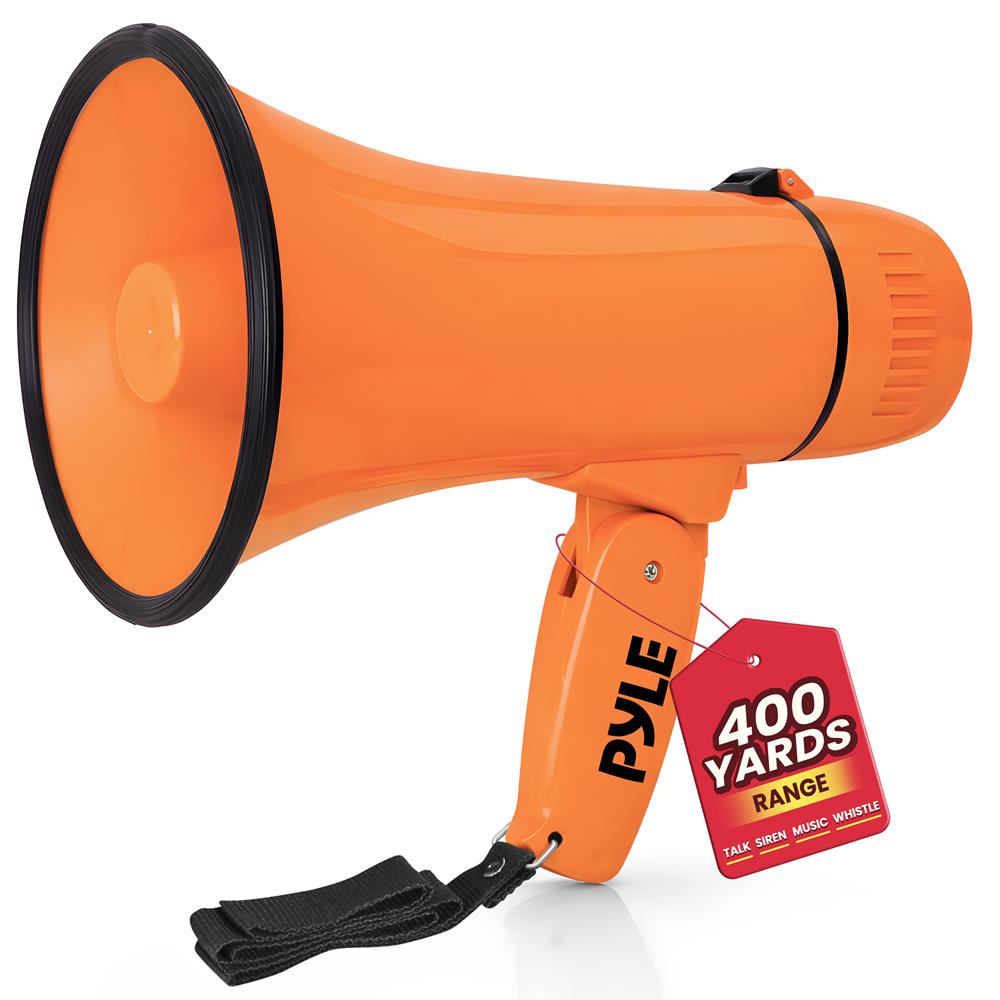 Pyle 20W Megaphone Bullhorn - Portable, Automatic Siren & Adjustable Volume,Projection Range Up to 400 Square Yards, Aux Input, Talk, Siren, Music, Whistle, & Record, Shoulder Strap (Orange)