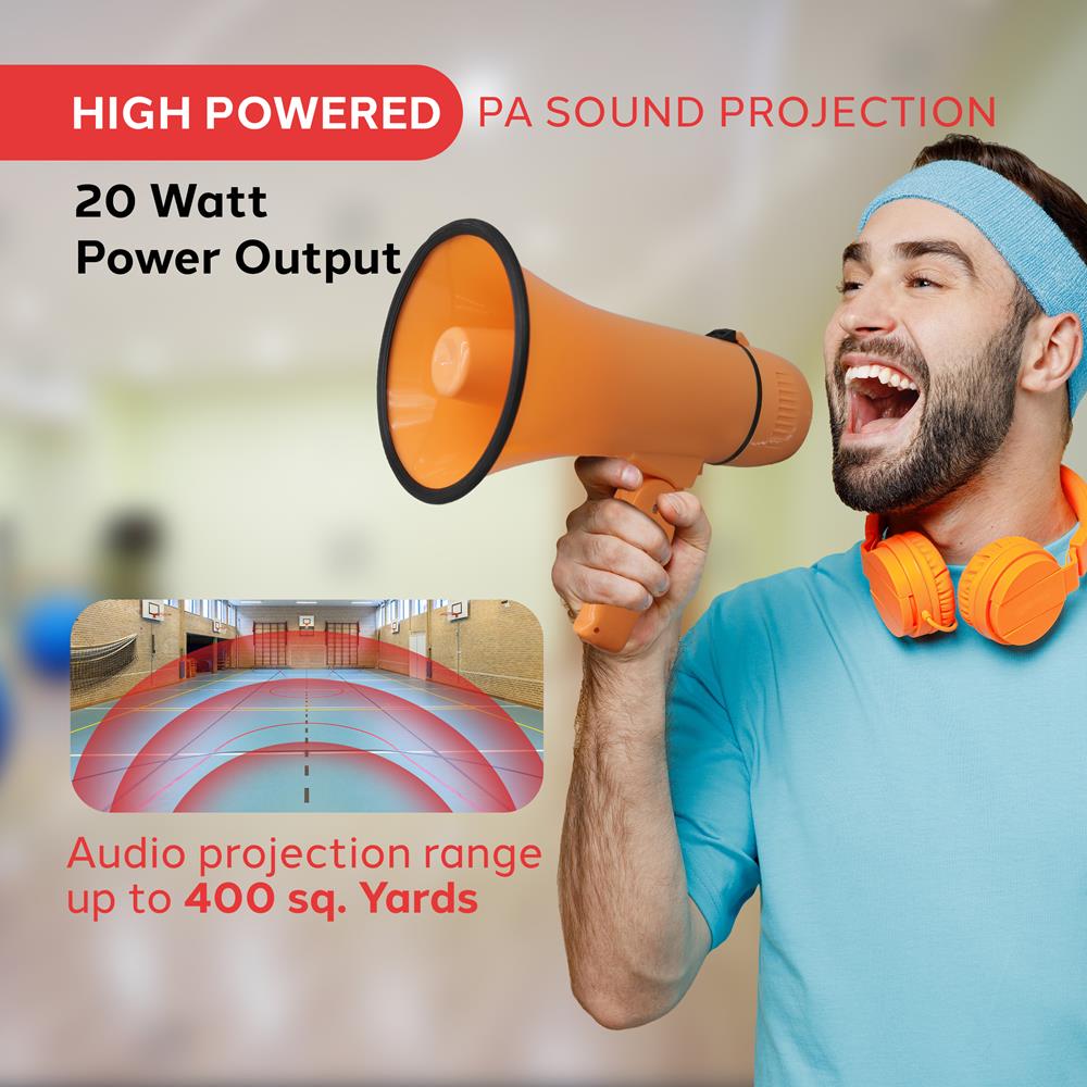 Pyle 20W Megaphone Bullhorn - Portable, Automatic Siren & Adjustable Volume,Projection Range Up to 400 Square Yards, Aux Input, Talk, Siren, Music, Whistle, & Record, Shoulder Strap (Orange)