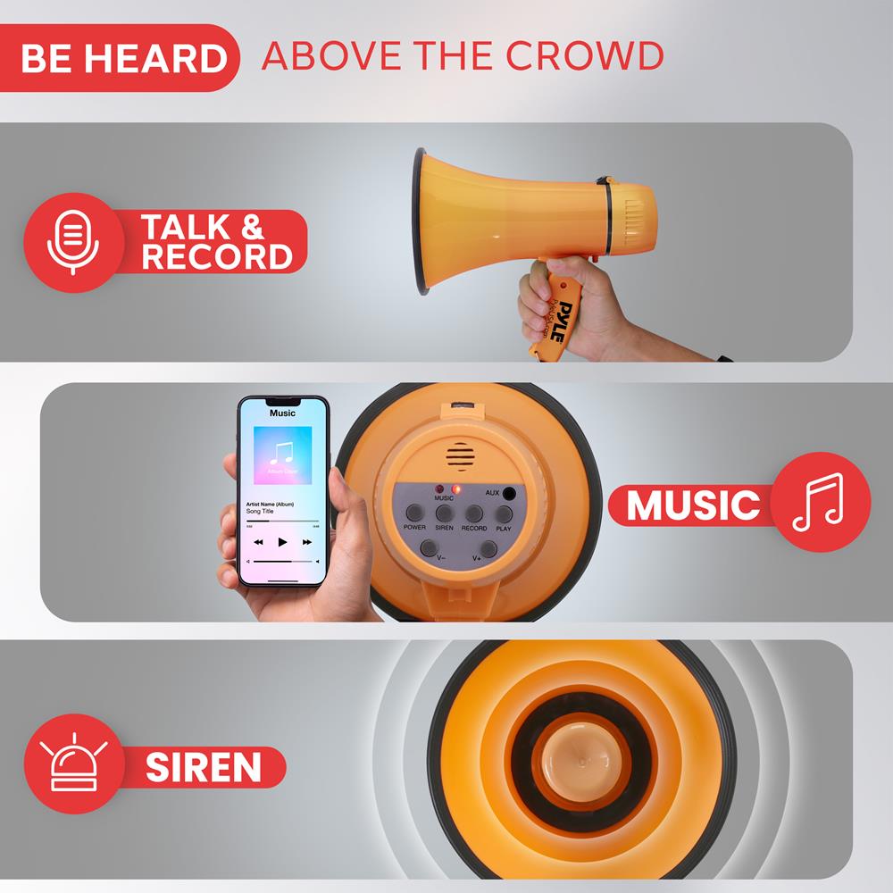 Pyle 20W Megaphone Bullhorn - Portable, Automatic Siren & Adjustable Volume,Projection Range Up to 400 Square Yards, Aux Input, Talk, Siren, Music, Whistle, & Record, Shoulder Strap (Orange)