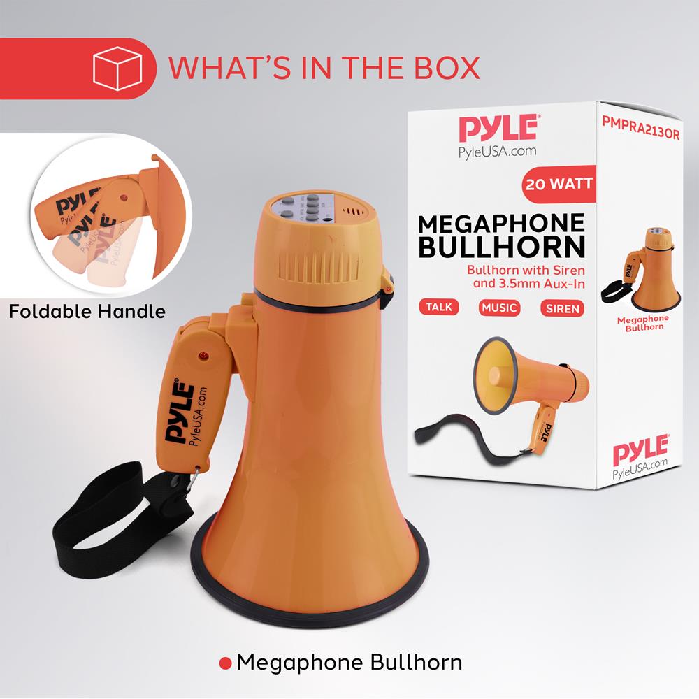 Pyle 20W Megaphone Bullhorn - Portable, Automatic Siren & Adjustable Volume,Projection Range Up to 400 Square Yards, Aux Input, Talk, Siren, Music, Whistle, & Record, Shoulder Strap (Orange)