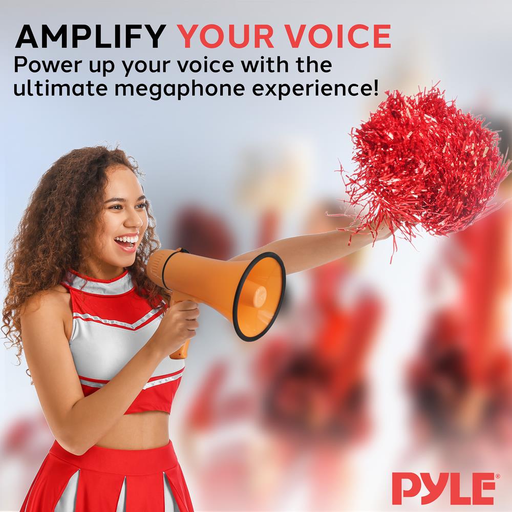 Pyle 20W Megaphone Bullhorn - Portable, Automatic Siren & Adjustable Volume,Projection Range Up to 400 Square Yards, Aux Input, Talk, Siren, Music, Whistle, & Record, Shoulder Strap (Orange)