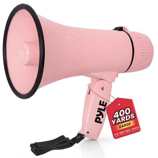 Pyle 20W Megaphone Bullhorn - Portable, Automatic Siren & Adjustable Volume,Projection Range Up to 400 Square Yards, Aux Input, Talk, Siren, Music, Whistle, & Record, Shoulder Strap (Pink)