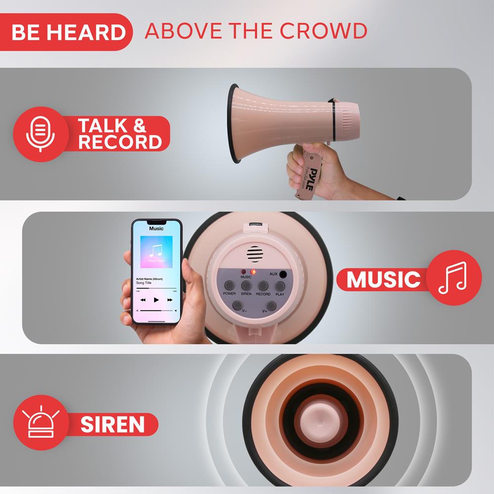 Pyle 20W Megaphone Bullhorn - Portable, Automatic Siren & Adjustable Volume,Projection Range Up to 400 Square Yards, Aux Input, Talk, Siren, Music, Whistle, & Record, Shoulder Strap (Pink)