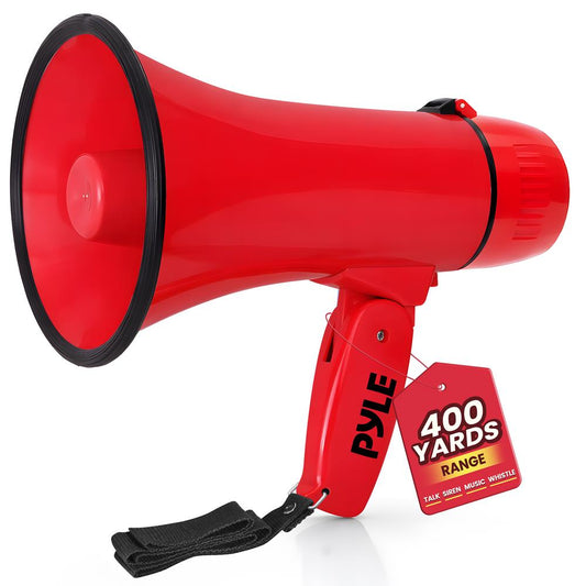 Pyle 20W Megaphone Bullhorn - Portable, Automatic Siren & Adjustable Volume,Projection Range Up to 400 Square Yards, Aux Input, Talk, Siren, Music, Whistle, & Record, Shoulder Strap (Red)