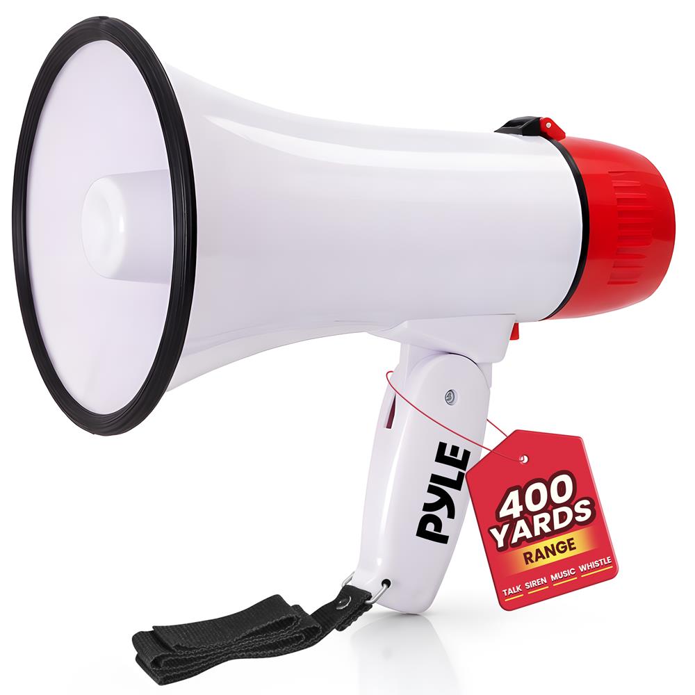 Pyle 20W Megaphone Bullhorn - Portable, Automatic Siren & Adjustable Volume,Projection Range Up to 400 Square Yards, Aux Input, Talk, Siren, Music, Whistle, & Record, Shoulder Strap (White-Red)