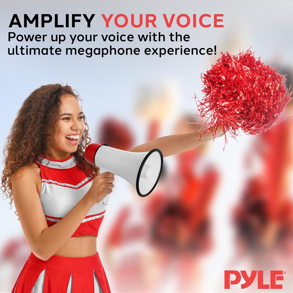 Pyle 20W Megaphone Bullhorn - Portable, Automatic Siren & Adjustable Volume,Projection Range Up to 400 Square Yards, Aux Input, Talk, Siren, Music, Whistle, & Record, Shoulder Strap (White-Red)