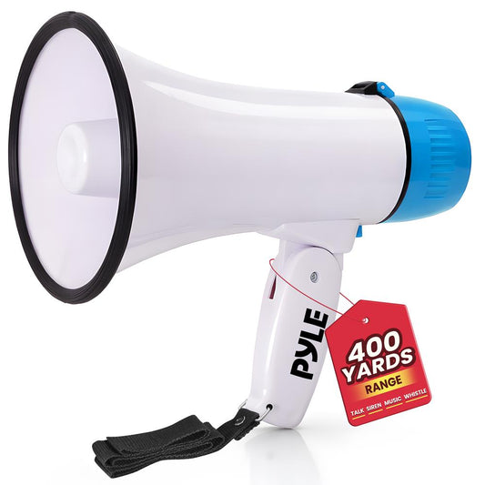 Pyle 20W Megaphone Bullhorn - Portable, Automatic Siren & Adjustable Volume,Projection Range Up to 400 Square Yards, Aux Input, Talk, Siren, Music, Whistle, & Record, Shoulder Strap (White-Blue)