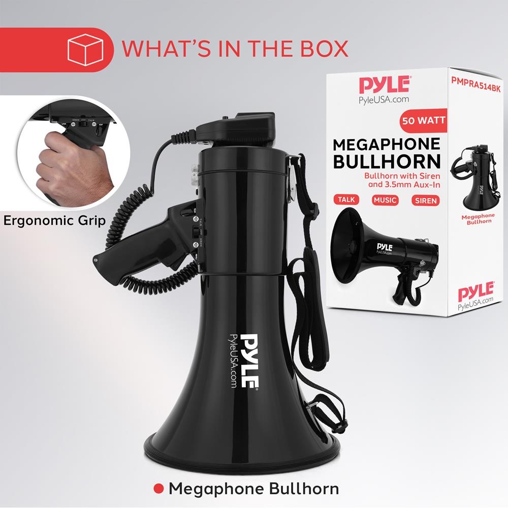 Pyle 50W Megaphone Bullhorn - Portable, Automatic Siren & Adjustable Volume, Projection Range Up to 1200 Square Yards, Aux Input, Talk, Siren, Music, Whistle, & Record, Shoulder Strap (Black)