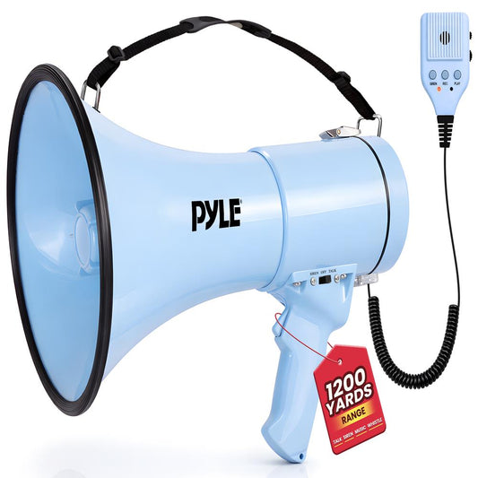 Pyle 50W Megaphone Bullhorn - Portable, Automatic Siren & Adjustable Volume,Projection Range Up to 1200 Square Yards, Aux Input, Talk, Siren, Music, Whistle, & Record, Shoulder Strap (Blue)