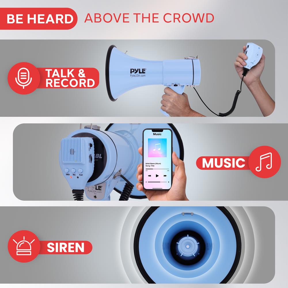Pyle 50W Megaphone Bullhorn - Portable, Automatic Siren & Adjustable Volume,Projection Range Up to 1200 Square Yards, Aux Input, Talk, Siren, Music, Whistle, & Record, Shoulder Strap (Blue)
