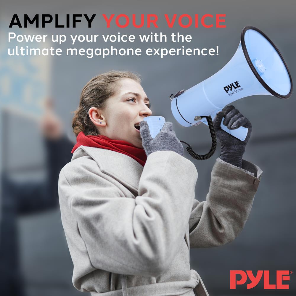 Pyle 50W Megaphone Bullhorn - Portable, Automatic Siren & Adjustable Volume,Projection Range Up to 1200 Square Yards, Aux Input, Talk, Siren, Music, Whistle, & Record, Shoulder Strap (Blue)