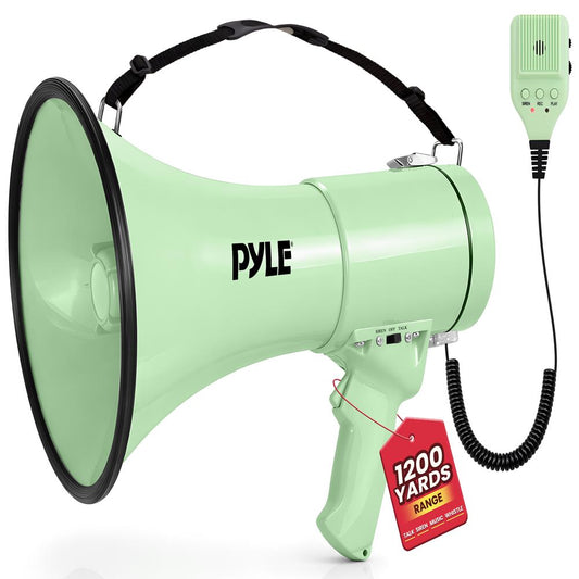 Pyle 50W Megaphone Bullhorn - Portable, Automatic Siren & Adjustable Volume,Projection Range Up to 1200 Square Yards, Aux Input, Talk, Siren, Music, Whistle, & Record, Shoulder Strap (Green)