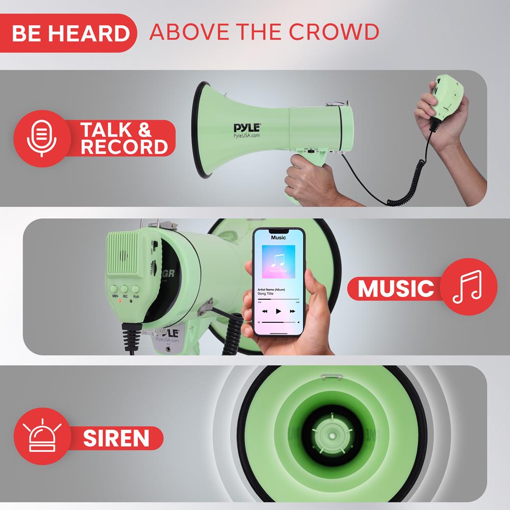 Pyle 50W Megaphone Bullhorn - Portable, Automatic Siren & Adjustable Volume,Projection Range Up to 1200 Square Yards, Aux Input, Talk, Siren, Music, Whistle, & Record, Shoulder Strap (Green)