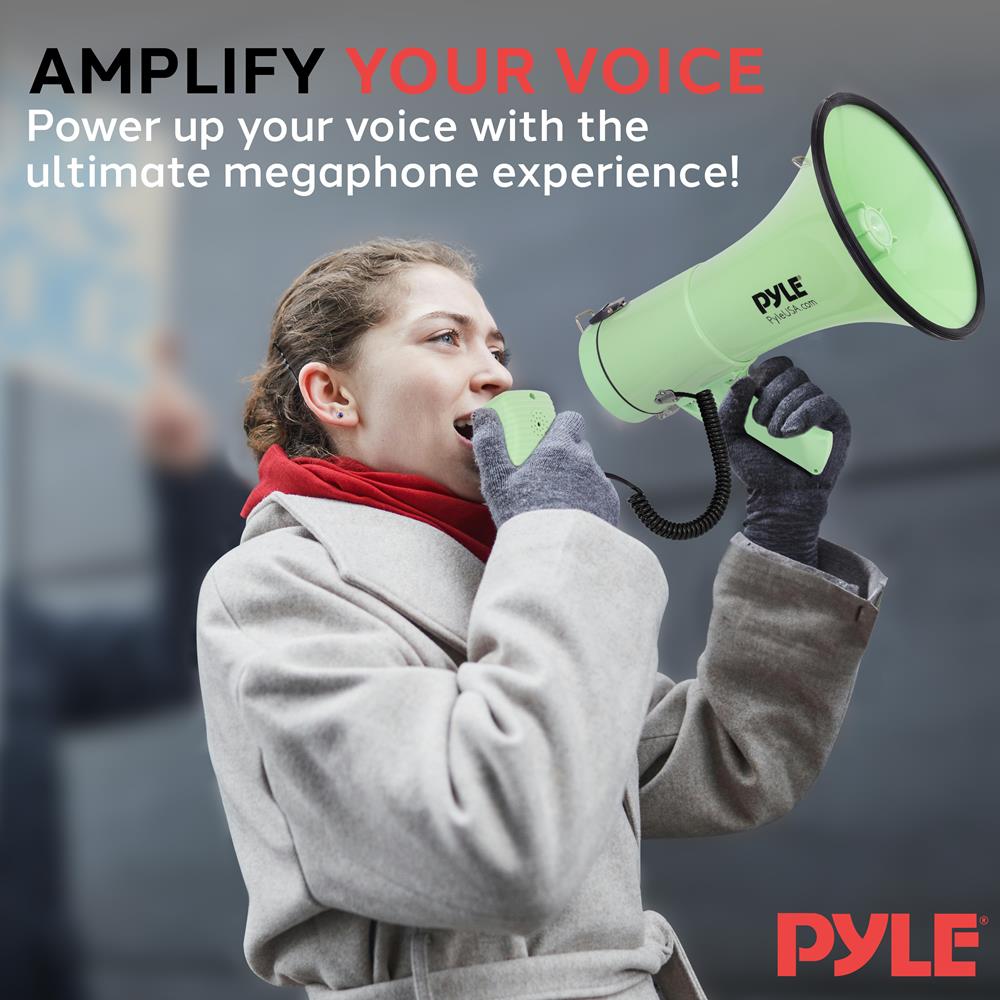 Pyle 50W Megaphone Bullhorn - Portable, Automatic Siren & Adjustable Volume,Projection Range Up to 1200 Square Yards, Aux Input, Talk, Siren, Music, Whistle, & Record, Shoulder Strap (Green)