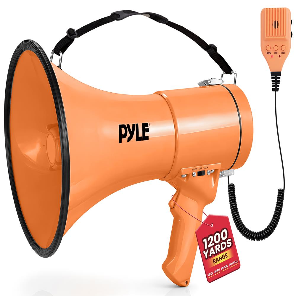 Pyle 50W Megaphone Bullhorn - Portable, Automatic Siren & Adjustable Volume,Projection Range Up to 1200 Square Yards, Aux Input, Talk, Siren, Music, Whistle, & Record, Shoulder Strap (Orange)