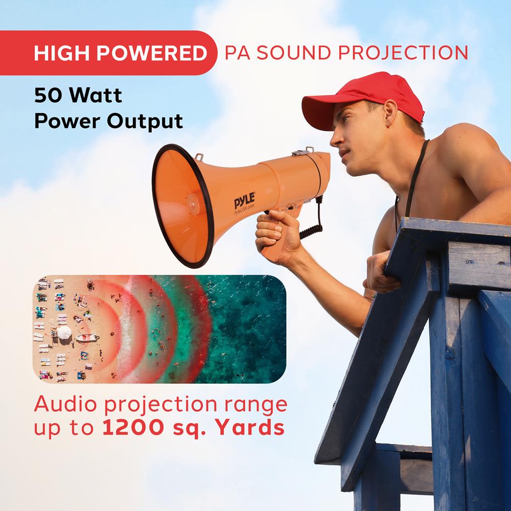 Pyle 50W Megaphone Bullhorn - Portable, Automatic Siren & Adjustable Volume,Projection Range Up to 1200 Square Yards, Aux Input, Talk, Siren, Music, Whistle, & Record, Shoulder Strap (Orange)