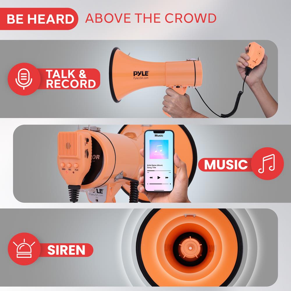 Pyle 50W Megaphone Bullhorn - Portable, Automatic Siren & Adjustable Volume,Projection Range Up to 1200 Square Yards, Aux Input, Talk, Siren, Music, Whistle, & Record, Shoulder Strap (Orange)