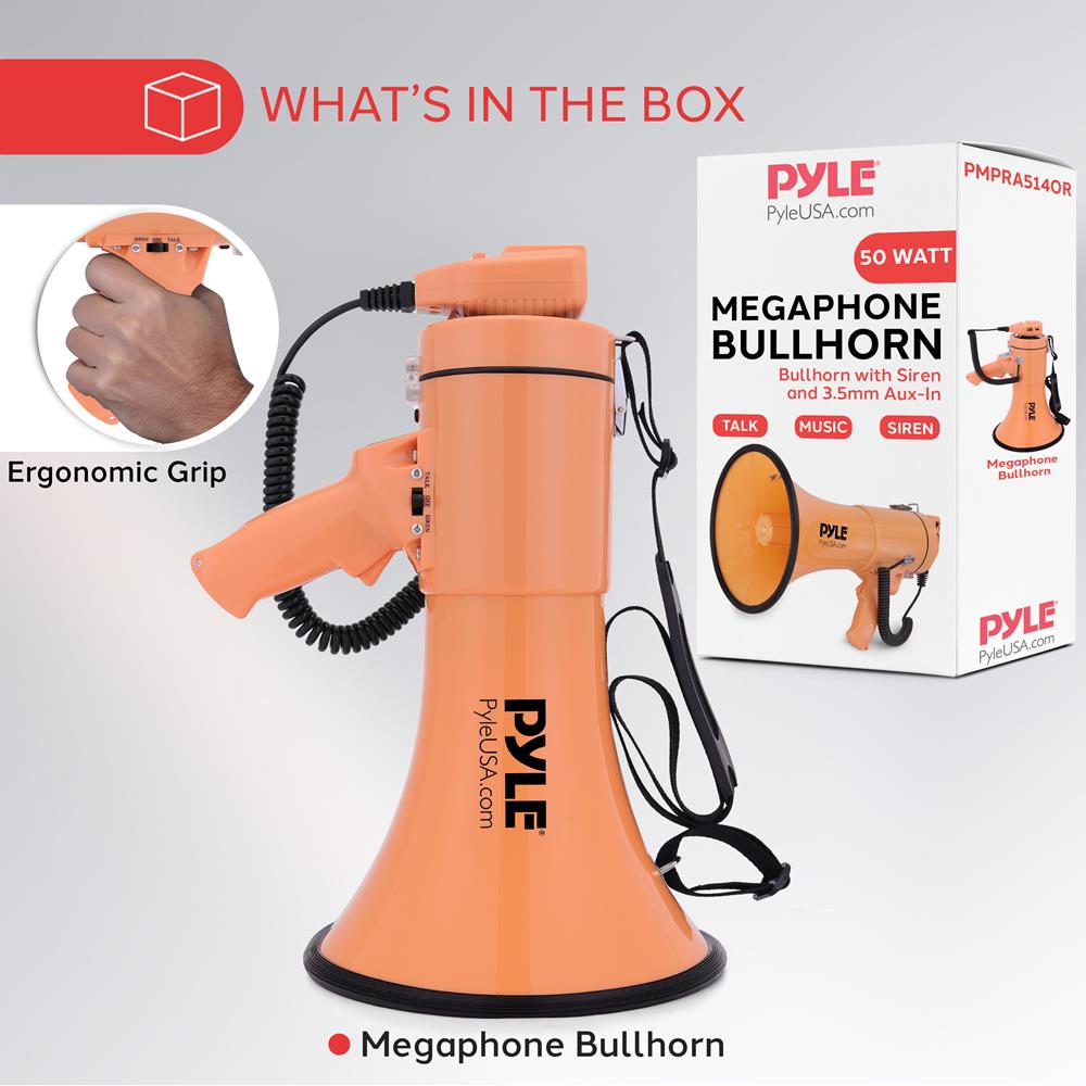 Pyle 50W Megaphone Bullhorn - Portable, Automatic Siren & Adjustable Volume,Projection Range Up to 1200 Square Yards, Aux Input, Talk, Siren, Music, Whistle, & Record, Shoulder Strap (Orange)