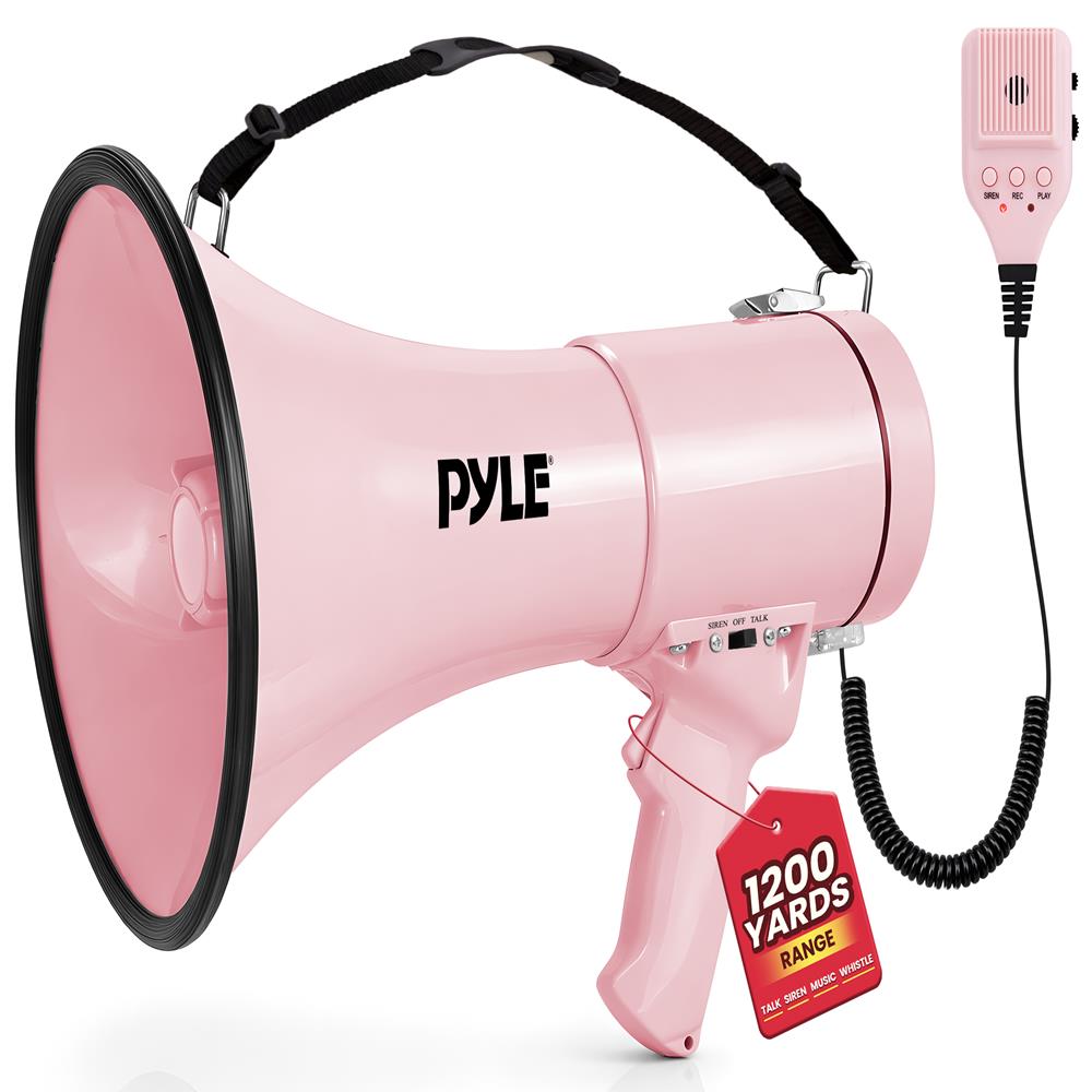 Pyle 50W Megaphone Bullhorn - Portable, Automatic Siren & Adjustable Volume,Projection Range Up to 1200 Square Yards, Aux Input, Talk, Siren, Music, Whistle, & Record, Shoulder Strap (Pink)