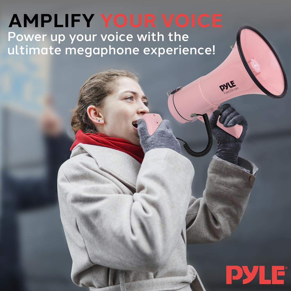 Pyle 50W Megaphone Bullhorn - Portable, Automatic Siren & Adjustable Volume,Projection Range Up to 1200 Square Yards, Aux Input, Talk, Siren, Music, Whistle, & Record, Shoulder Strap (Pink)