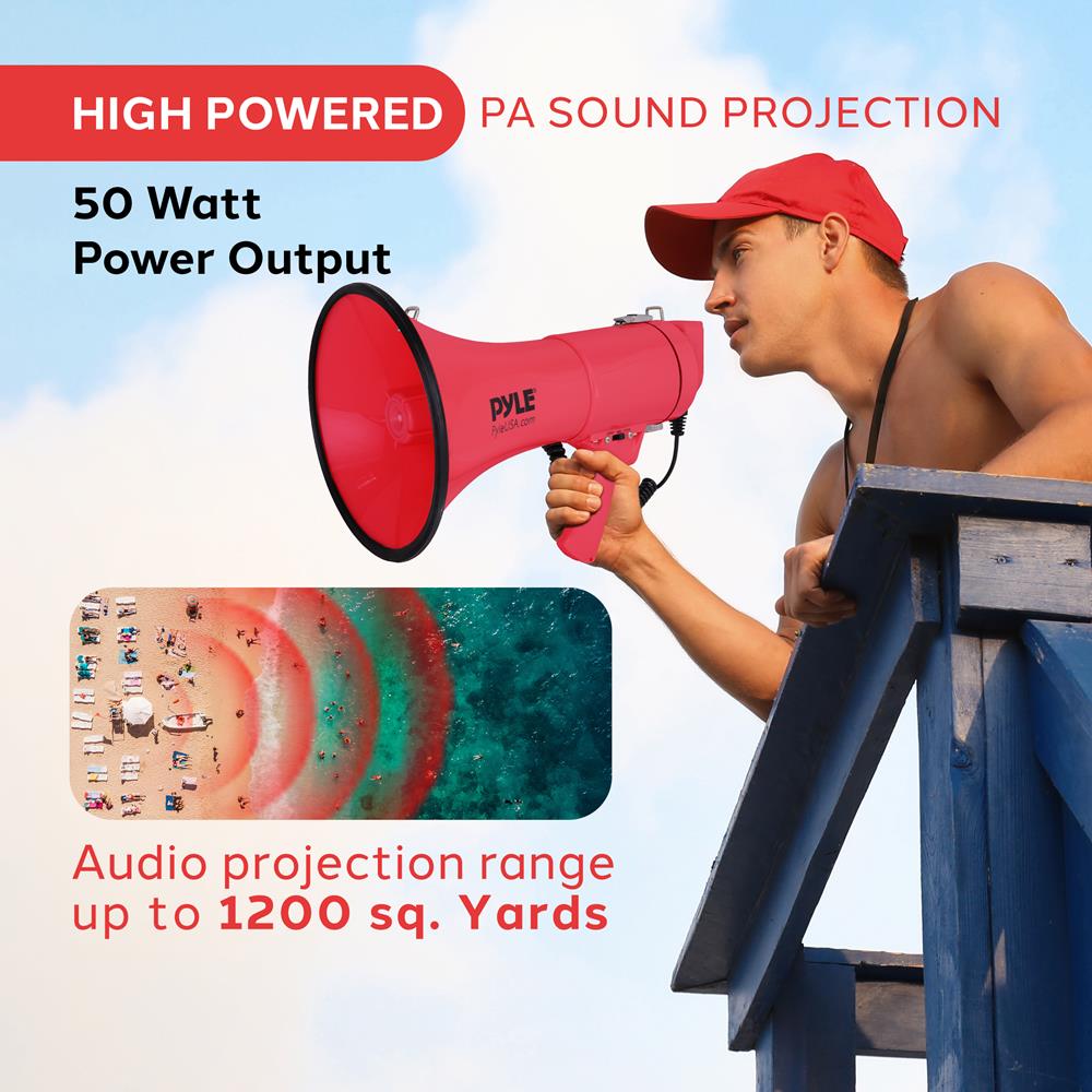 Pyle 50W Megaphone Bullhorn - Portable, Automatic Siren & Adjustable Volume,Projection Range Up to 1200 Square Yards, Aux Input, Talk, Siren, Music, Whistle, & Record, Shoulder Strap (Red)