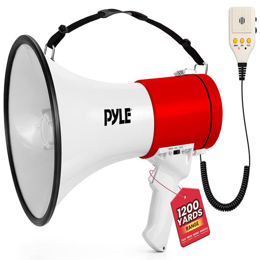 Pyle 50W Megaphone Bullhorn - Portable, Automatic Siren & Adjustable Volume,Projection Range Up to 1200 Square Yards, Aux Input, Talk, Siren, Music, Whistle, & Record, Shoulder Strap (White-Red)