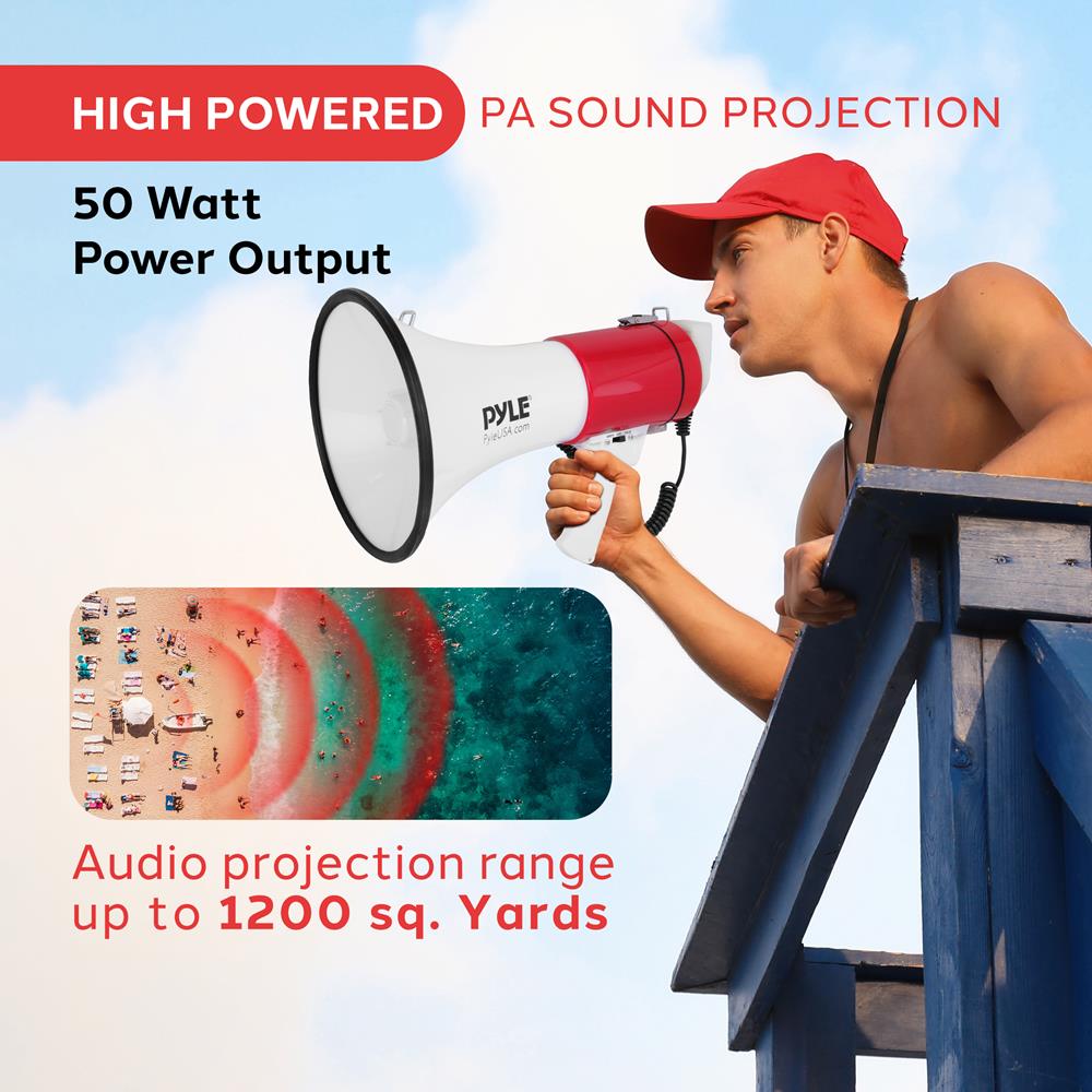 Pyle 50W Megaphone Bullhorn - Portable, Automatic Siren & Adjustable Volume,Projection Range Up to 1200 Square Yards, Aux Input, Talk, Siren, Music, Whistle, & Record, Shoulder Strap (White-Red)