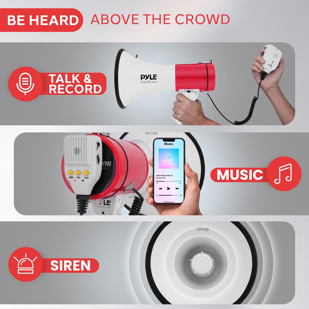 Pyle 50W Megaphone Bullhorn - Portable, Automatic Siren & Adjustable Volume,Projection Range Up to 1200 Square Yards, Aux Input, Talk, Siren, Music, Whistle, & Record, Shoulder Strap (White-Red)