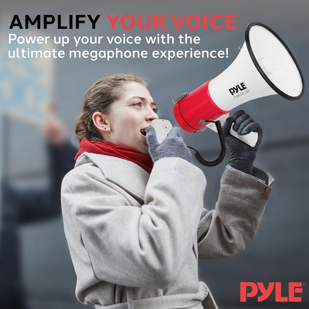 Pyle 50W Megaphone Bullhorn - Portable, Automatic Siren & Adjustable Volume,Projection Range Up to 1200 Square Yards, Aux Input, Talk, Siren, Music, Whistle, & Record, Shoulder Strap (White-Red)