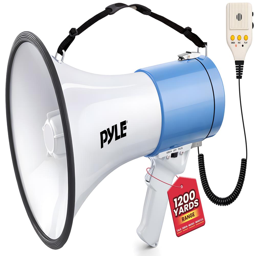 Pyle 50W Megaphone Bullhorn - Portable, Automatic Siren & Adjustable Volume,Projection Range Up to 1200 Square Yards, Aux Input, Talk, Siren, Music, Whistle, & Record, Shoulder Strap (White-Blue)