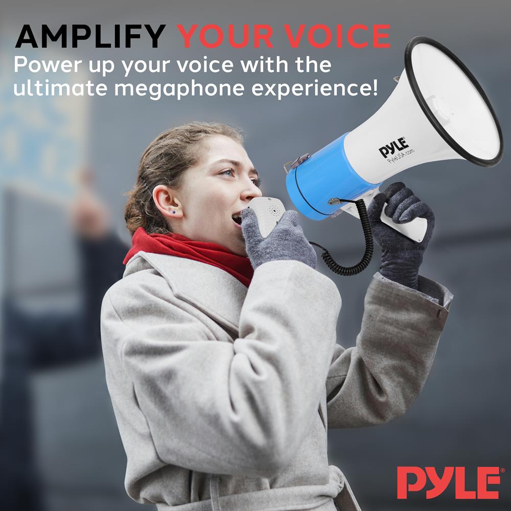 Pyle 50W Megaphone Bullhorn - Portable, Automatic Siren & Adjustable Volume,Projection Range Up to 1200 Square Yards, Aux Input, Talk, Siren, Music, Whistle, & Record, Shoulder Strap (White-Blue)