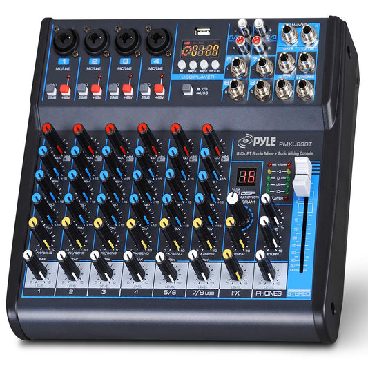 Pyle Professional Audio Mixer Sound Board Console Desk System- Interface 8 Channel Digital USB Bluetooth MP3 Computer Input 48V Phantom Power Stereo DJ Studio FX 16Bit DSP Processor, Black - PMXU83BT