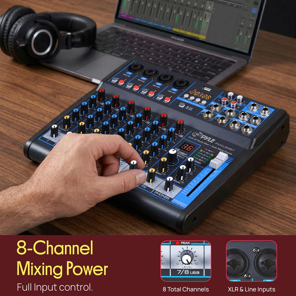 Pyle Professional Audio Mixer Sound Board Console Desk System- Interface 8 Channel Digital USB Bluetooth MP3 Computer Input 48V Phantom Power Stereo DJ Studio FX 16Bit DSP Processor, Black - PMXU83BT