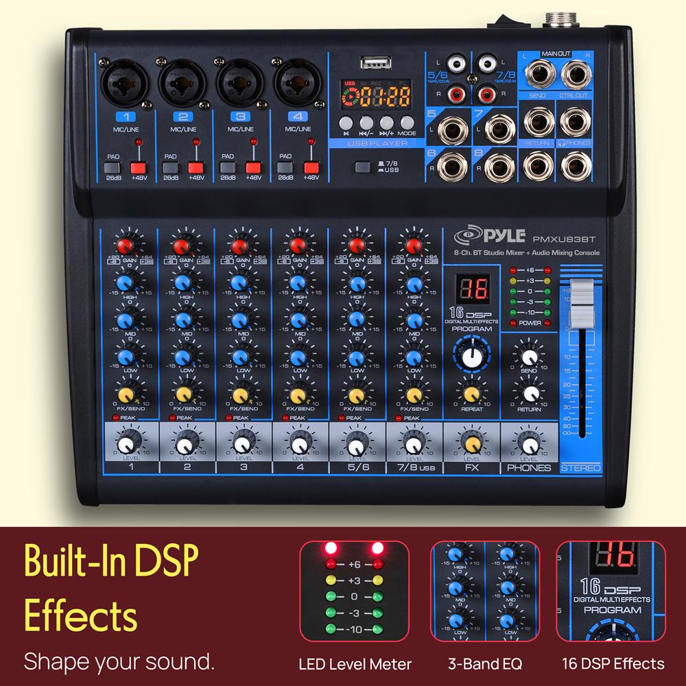 Pyle Professional Audio Mixer Sound Board Console Desk System- Interface 8 Channel Digital USB Bluetooth MP3 Computer Input 48V Phantom Power Stereo DJ Studio FX 16Bit DSP Processor, Black - PMXU83BT