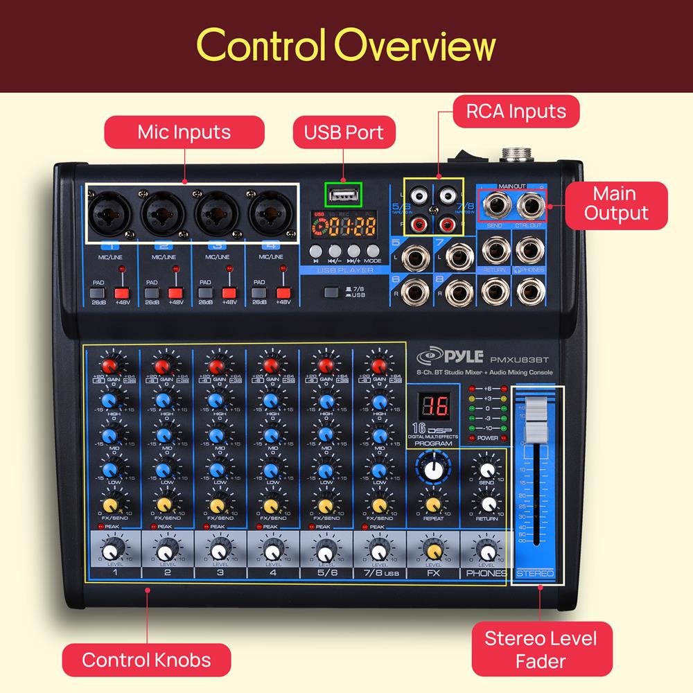 Pyle Professional Audio Mixer Sound Board Console Desk System- Interface 8 Channel Digital USB Bluetooth MP3 Computer Input 48V Phantom Power Stereo DJ Studio FX 16Bit DSP Processor, Black - PMXU83BT