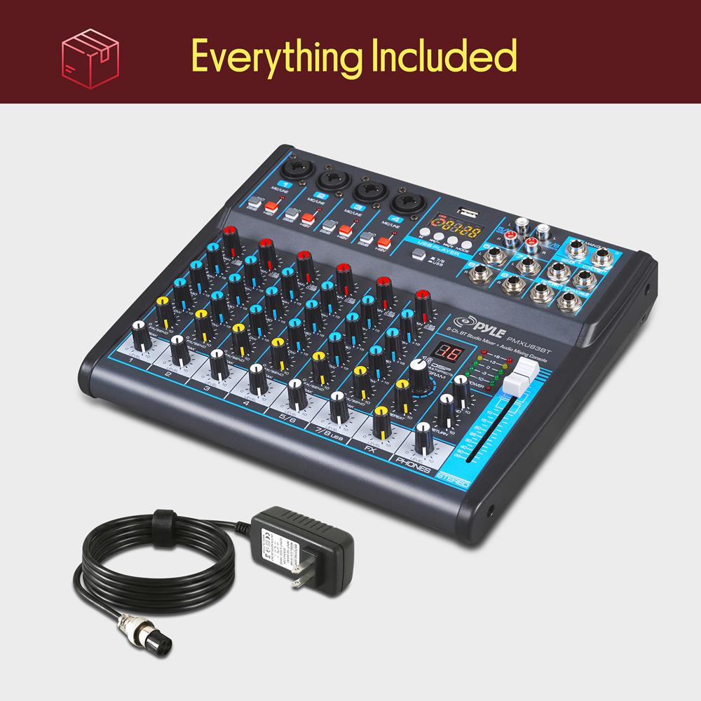 Pyle Professional Audio Mixer Sound Board Console Desk System- Interface 8 Channel Digital USB Bluetooth MP3 Computer Input 48V Phantom Power Stereo DJ Studio FX 16Bit DSP Processor, Black - PMXU83BT