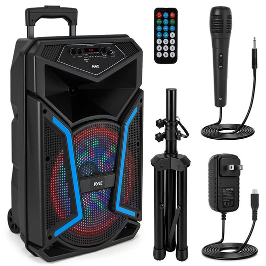 Pyle Portable Bluetooth PA Speaker System - 800W Outdoor Bluetooth Speaker Portable PA System w/ Microphone In, Party Lights, MP3/USB, FM Radio, Rolling Wheels - Mic, Remote - Pyle PPHP122SM,Black