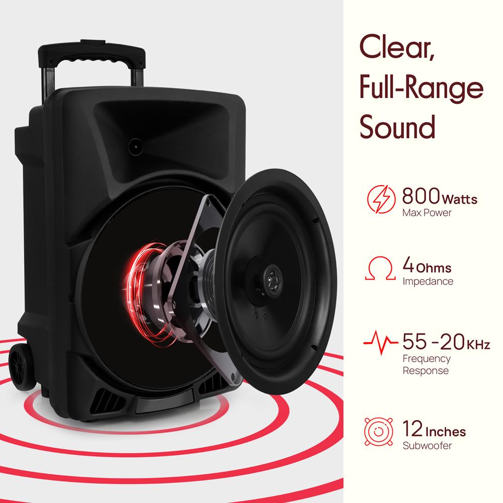 Pyle Wireless Portable PA Speaker System - 800W Powered Bluetooth Indoor & Outdoor DJ Stereo Loudspeaker with MP3 AUX 3.5mm Input, Flashing Party Light & FM Radio-PPHP1244B,Black