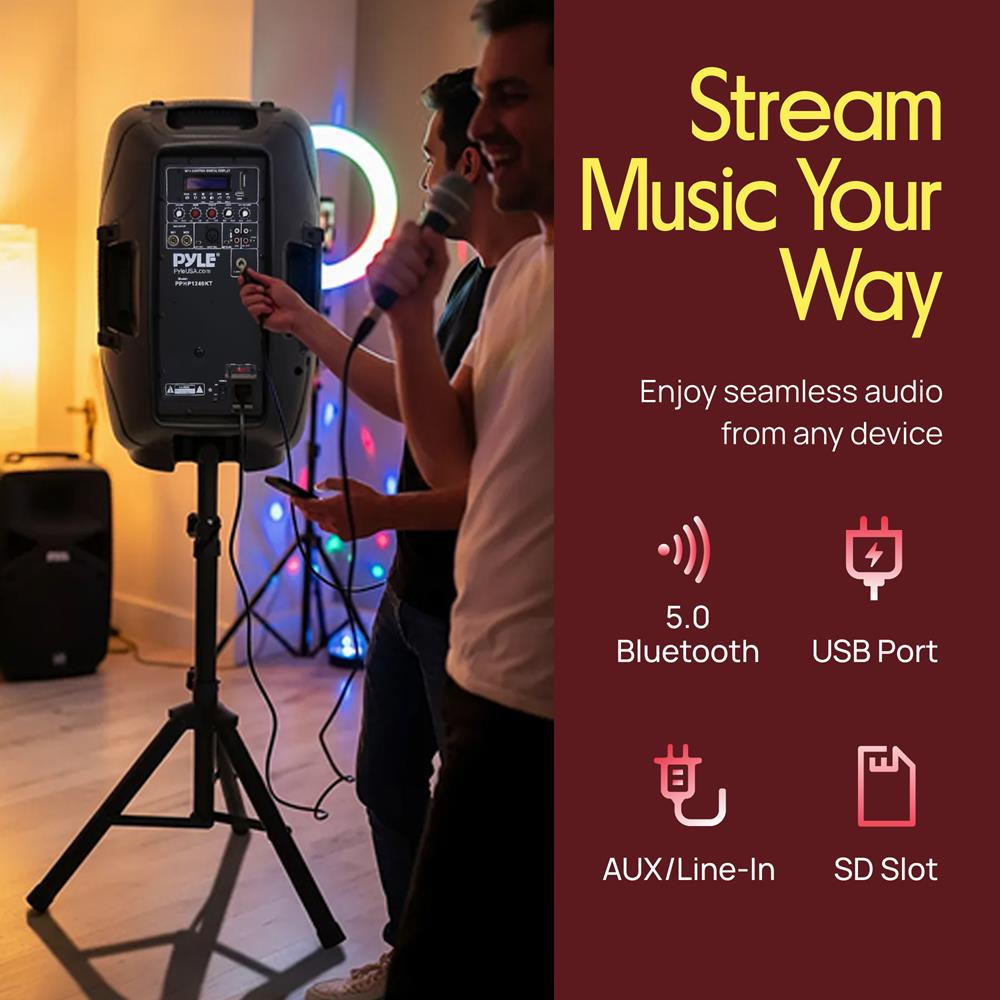 Pyle Wireless Portable PA System Kit - 1800W Peak, Bluetooth Compatible, Active + Passive Pair For Indoor / Outdoor Sound, Multiple Inputs-USB SD AUX XLR RCA, Comes With 2 Stands, Wired Mic, Remote