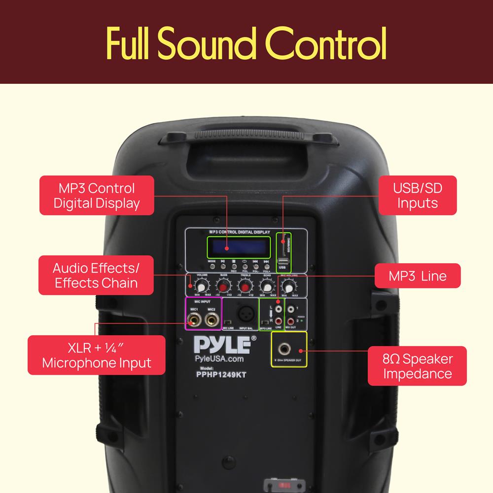 Pyle Wireless Portable PA System Kit - 1800W Peak, Bluetooth Compatible, Active + Passive Pair For Indoor / Outdoor Sound, Multiple Inputs-USB SD AUX XLR RCA, Comes With 2 Stands, Wired Mic, Remote