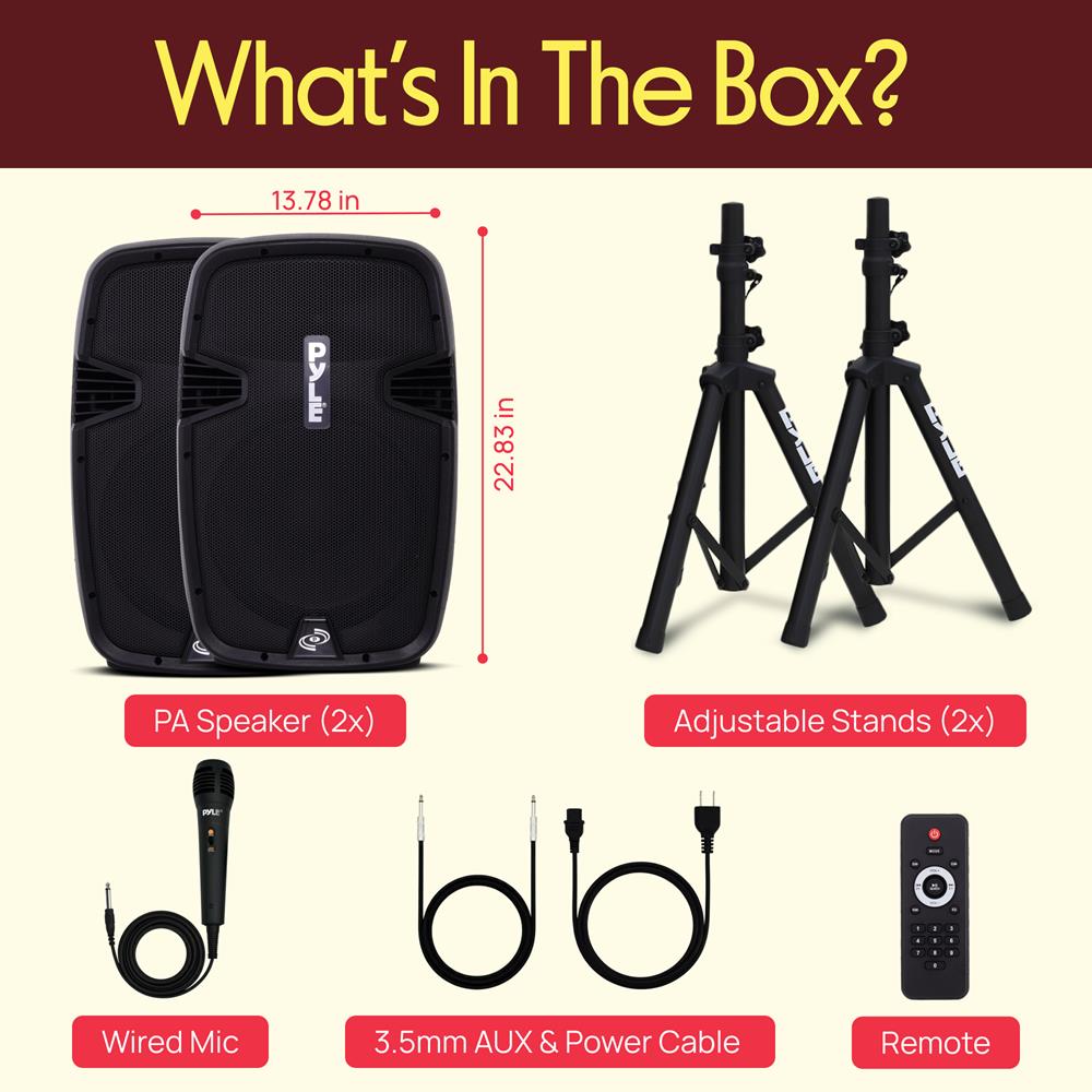 Pyle Wireless Portable PA System Kit - 1800W Peak, Bluetooth Compatible, Active + Passive Pair For Indoor / Outdoor Sound, Multiple Inputs-USB SD AUX XLR RCA, Comes With 2 Stands, Wired Mic, Remote